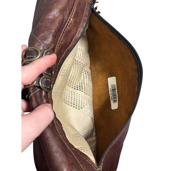 Boho Brown Leather Fringe Clutch Bag Brass Ring Detail Western Festival Bag - Picture 6 of 6